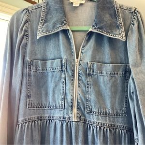 Anthropologie Aligne Zip front Denim Midi Dress. Never Worn! Light denim wash.